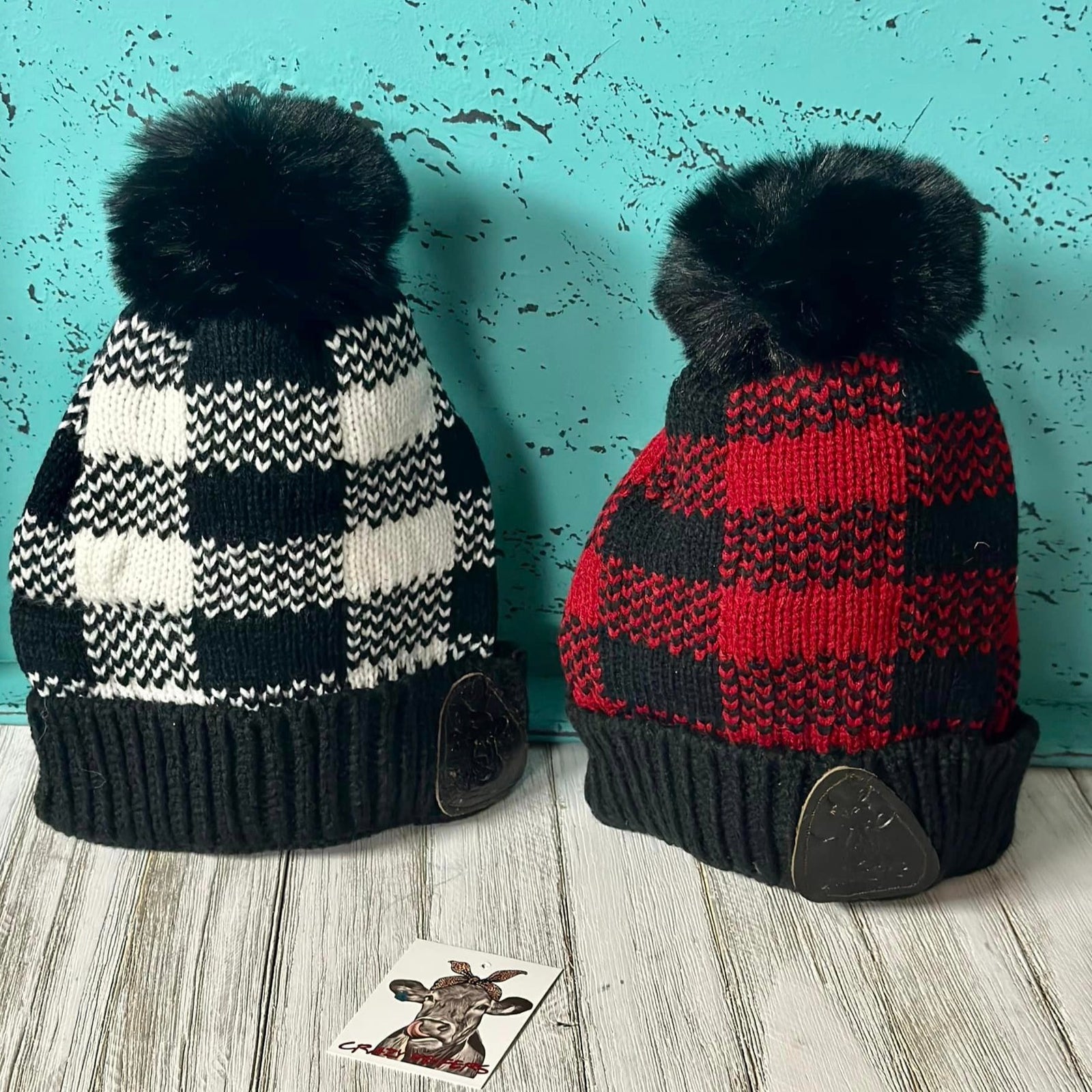 Plaid Pom Beanies W/ Leather Patch
