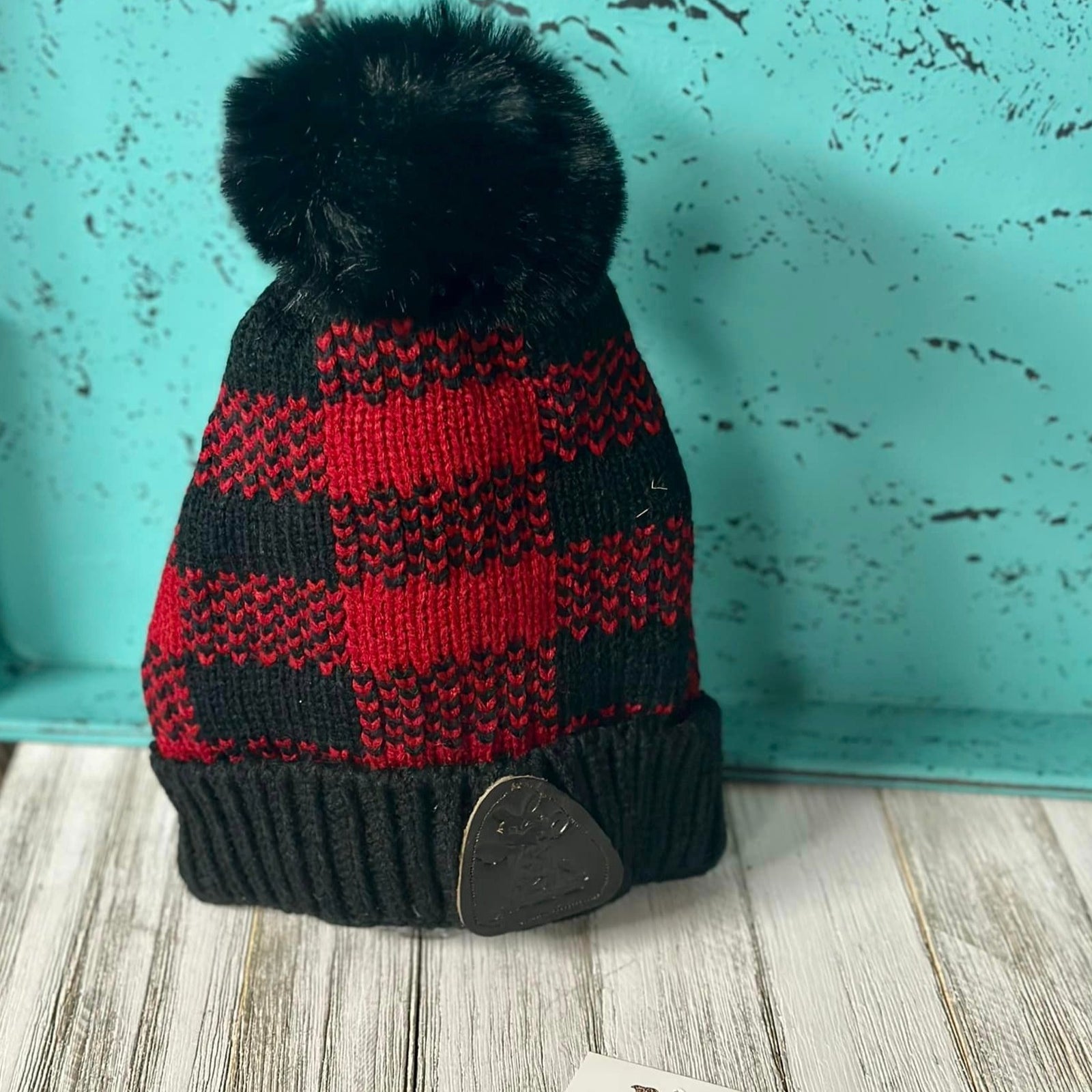 Plaid Pom Beanies W/ Leather Patch
