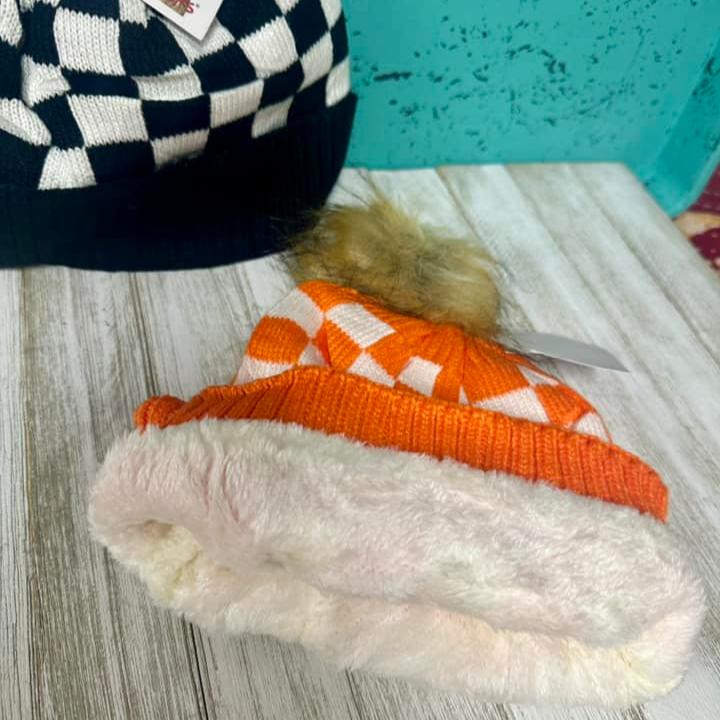 Checkered Fur Pom Beanies