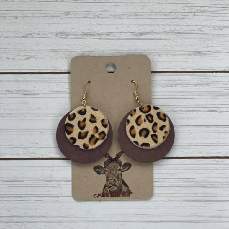 Circle Style Cowhide/ Wood Earrings