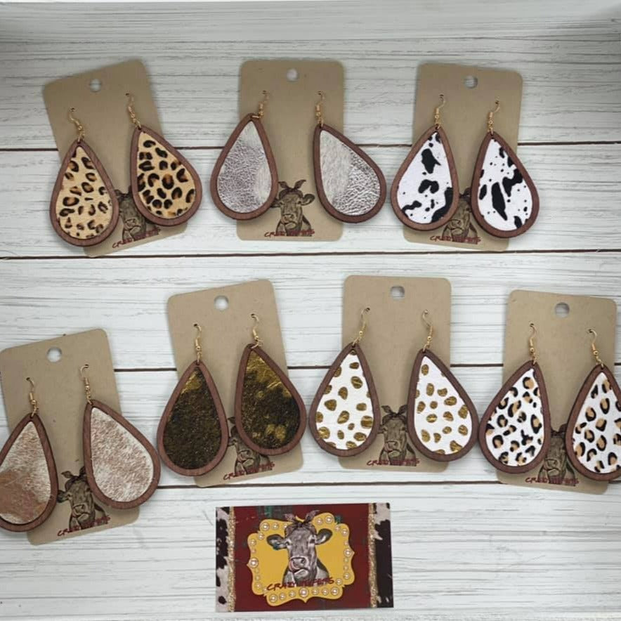 Drop Style Cowhide/ Wood Earrings
