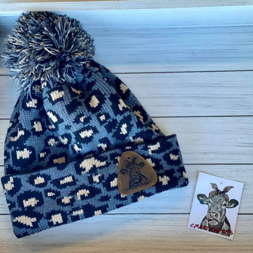 Leopard Pom Beanies W/ Leather Patch