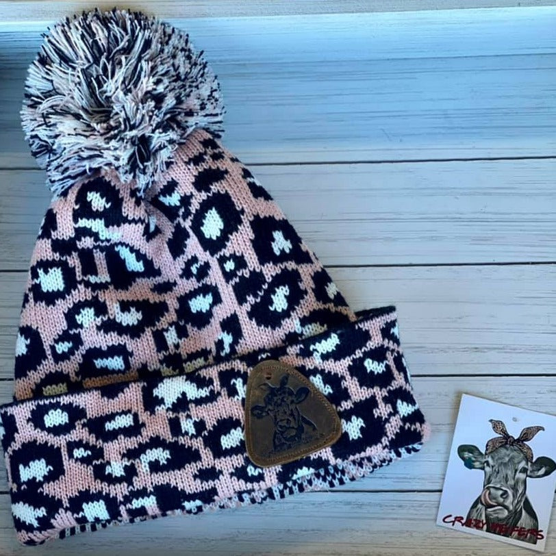 Leopard Pom Beanies W/ Leather Patch