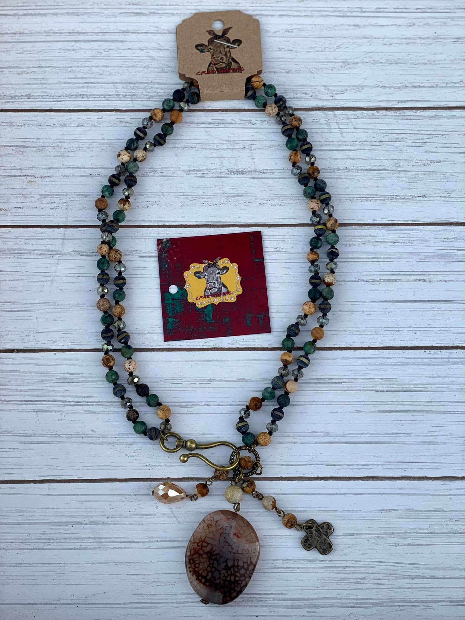 Layered Stone Necklace W/Cross Charm