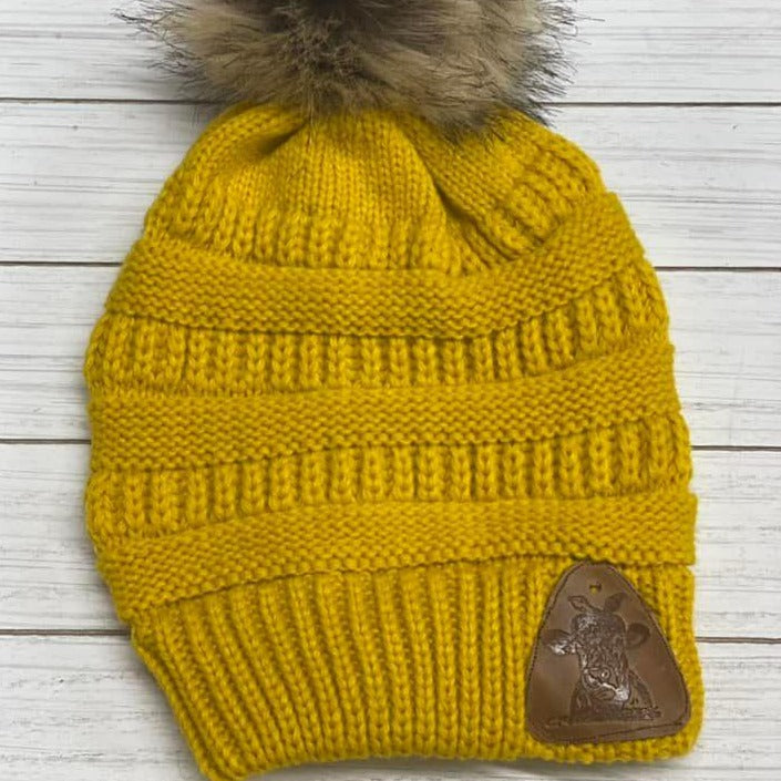 Fur Pom Beanies W/ Leather Patch
