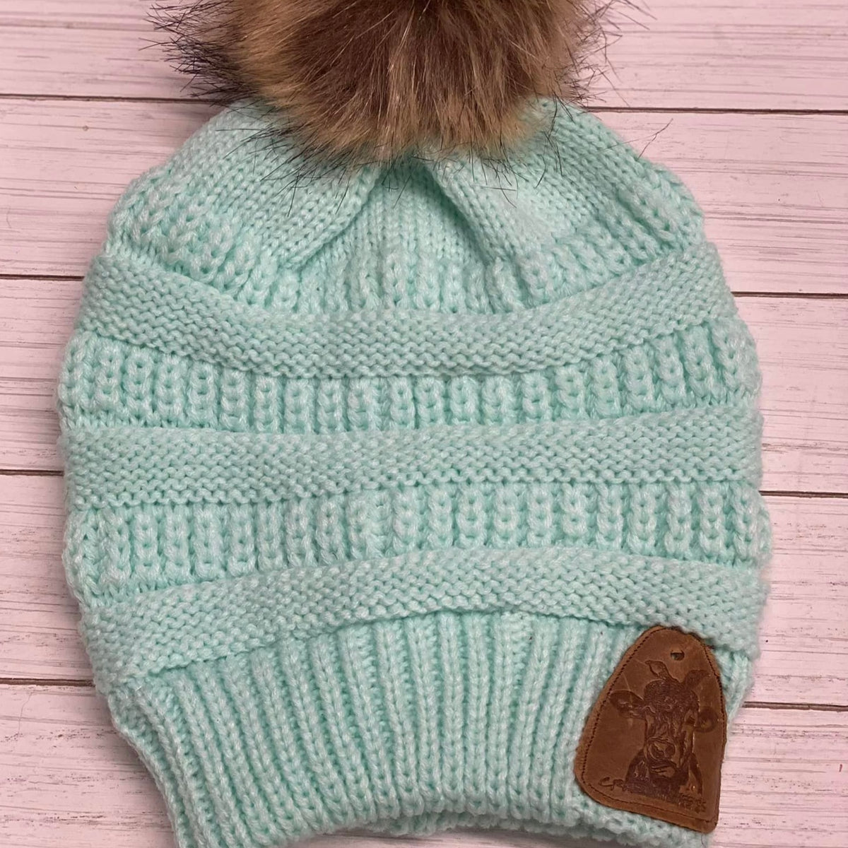 Fur Pom Beanies W/ Leather Patch