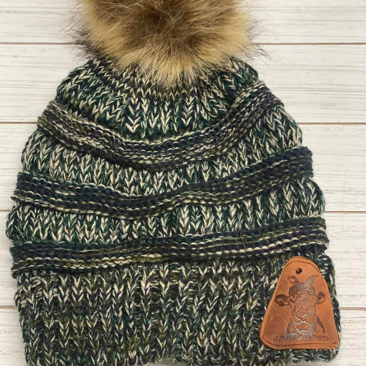 Fur Pom Beanies W/ Leather Patch