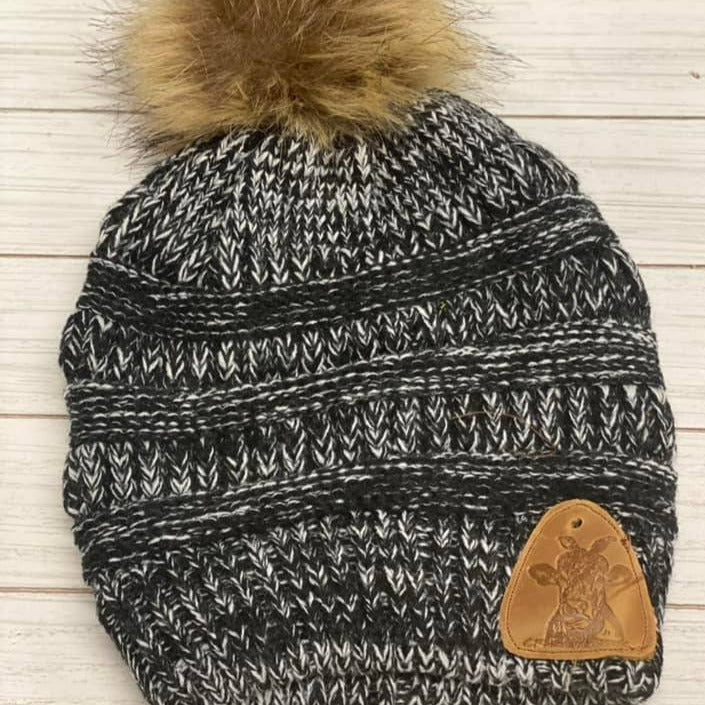 Fur Pom Beanies W/ Leather Patch