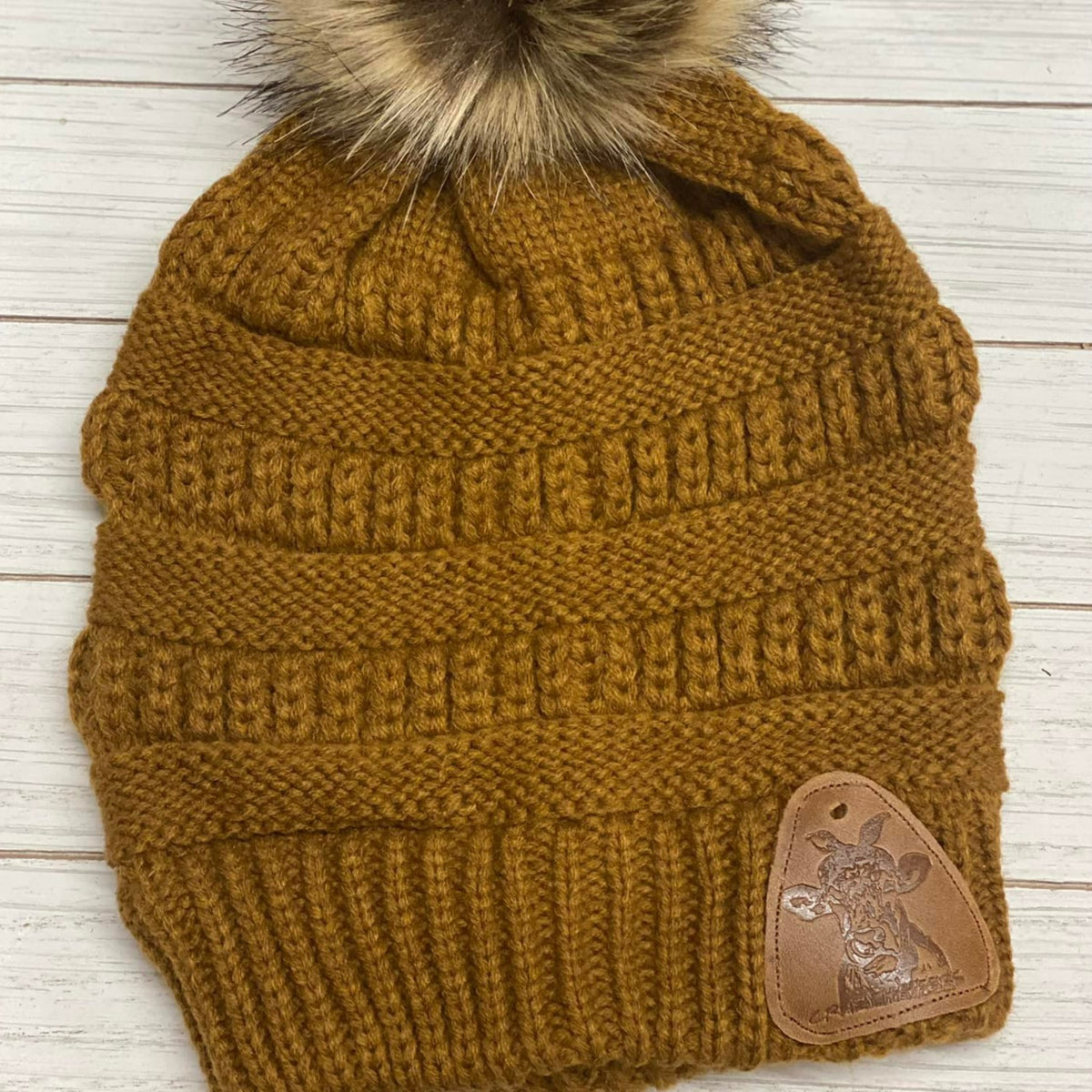 Fur Pom Beanies W/ Leather Patch