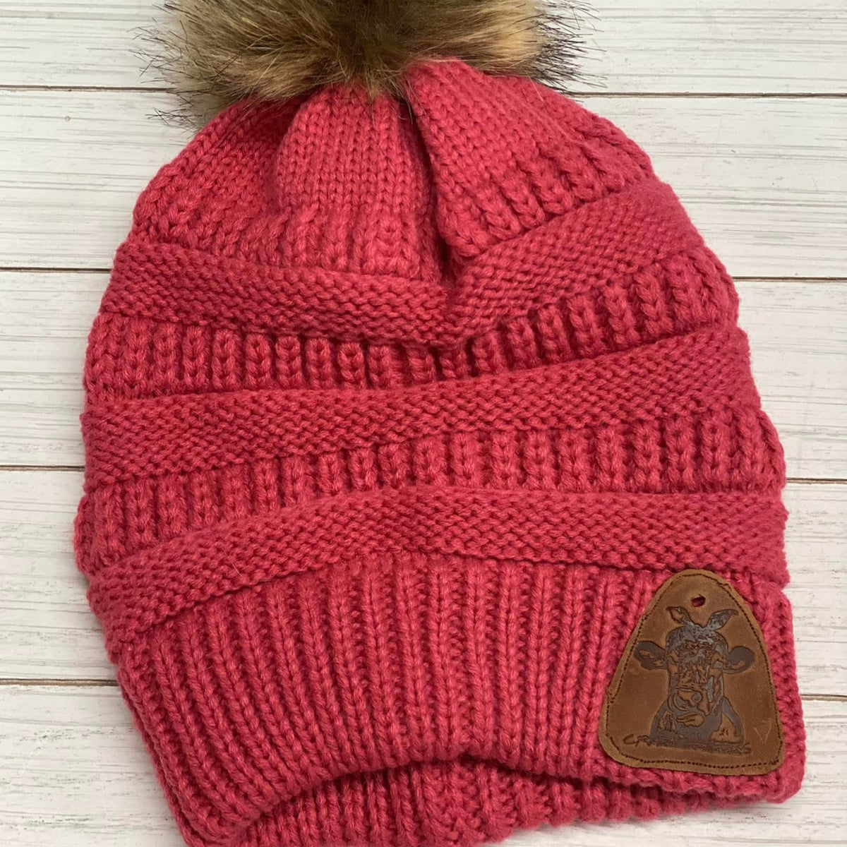 Fur Pom Beanies W/ Leather Patch