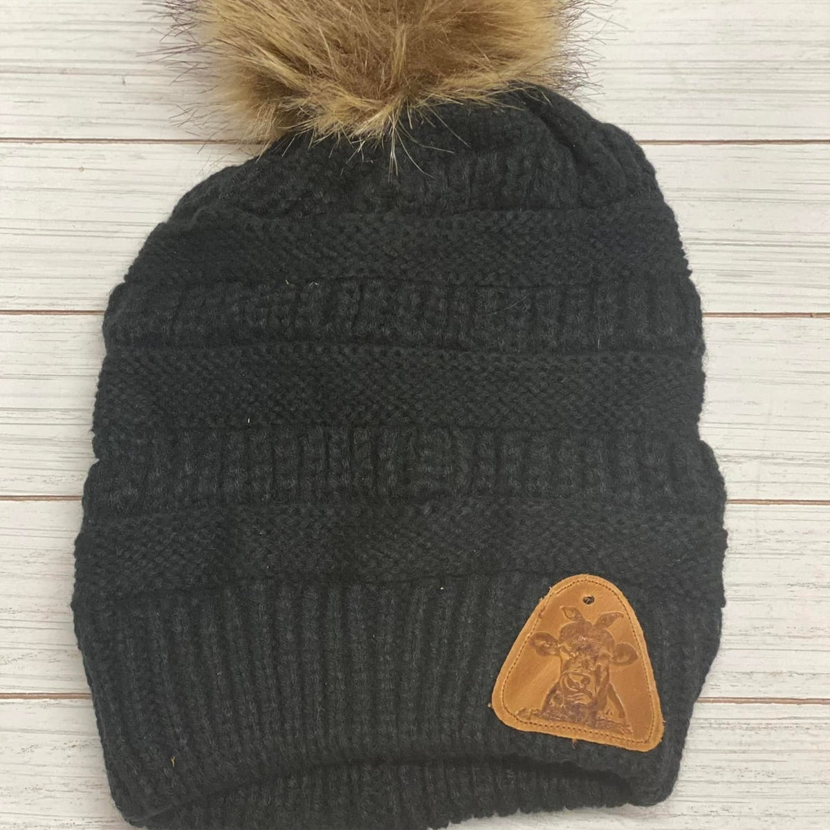 Fur Pom Beanies W/ Leather Patch