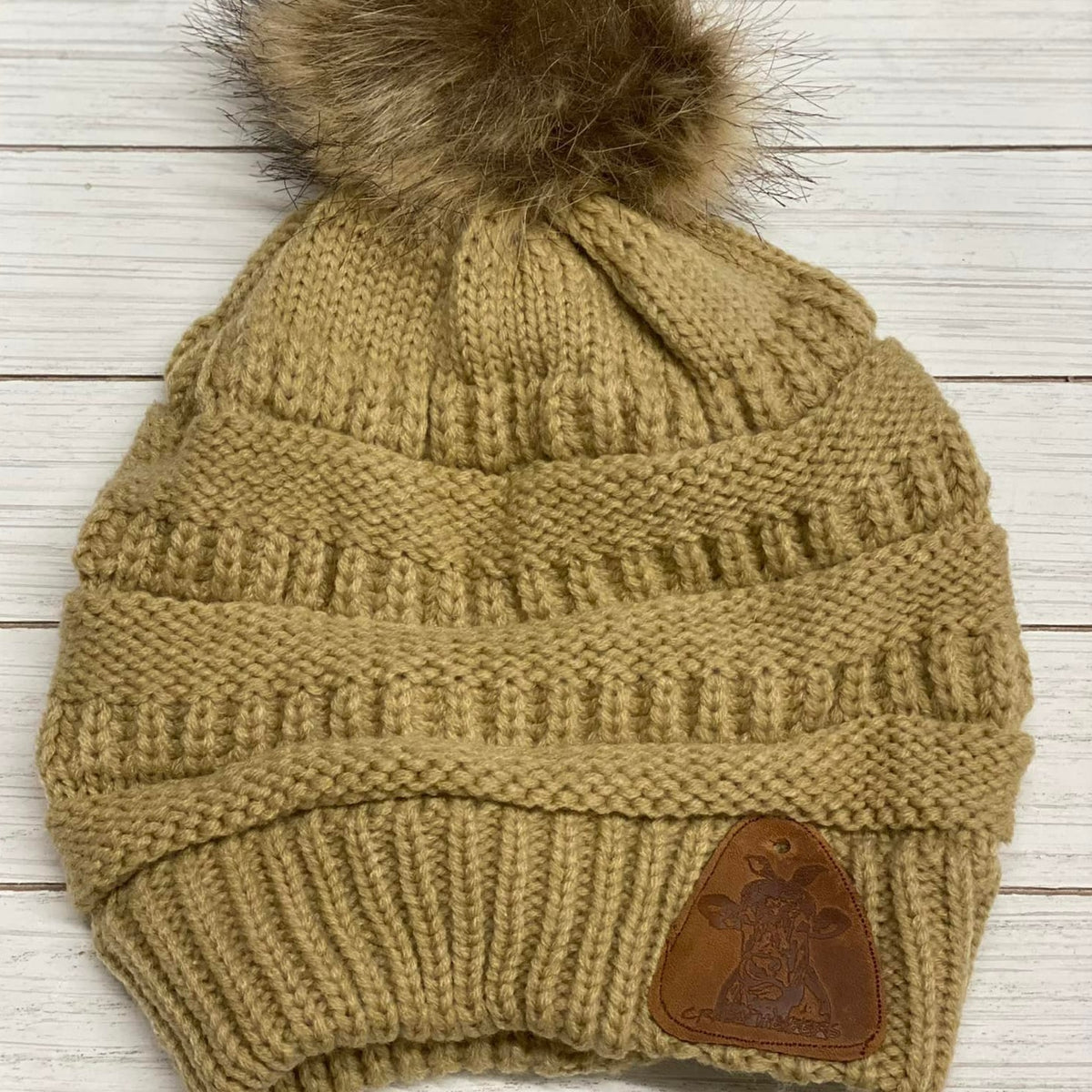 Fur Pom Beanies W/ Leather Patch