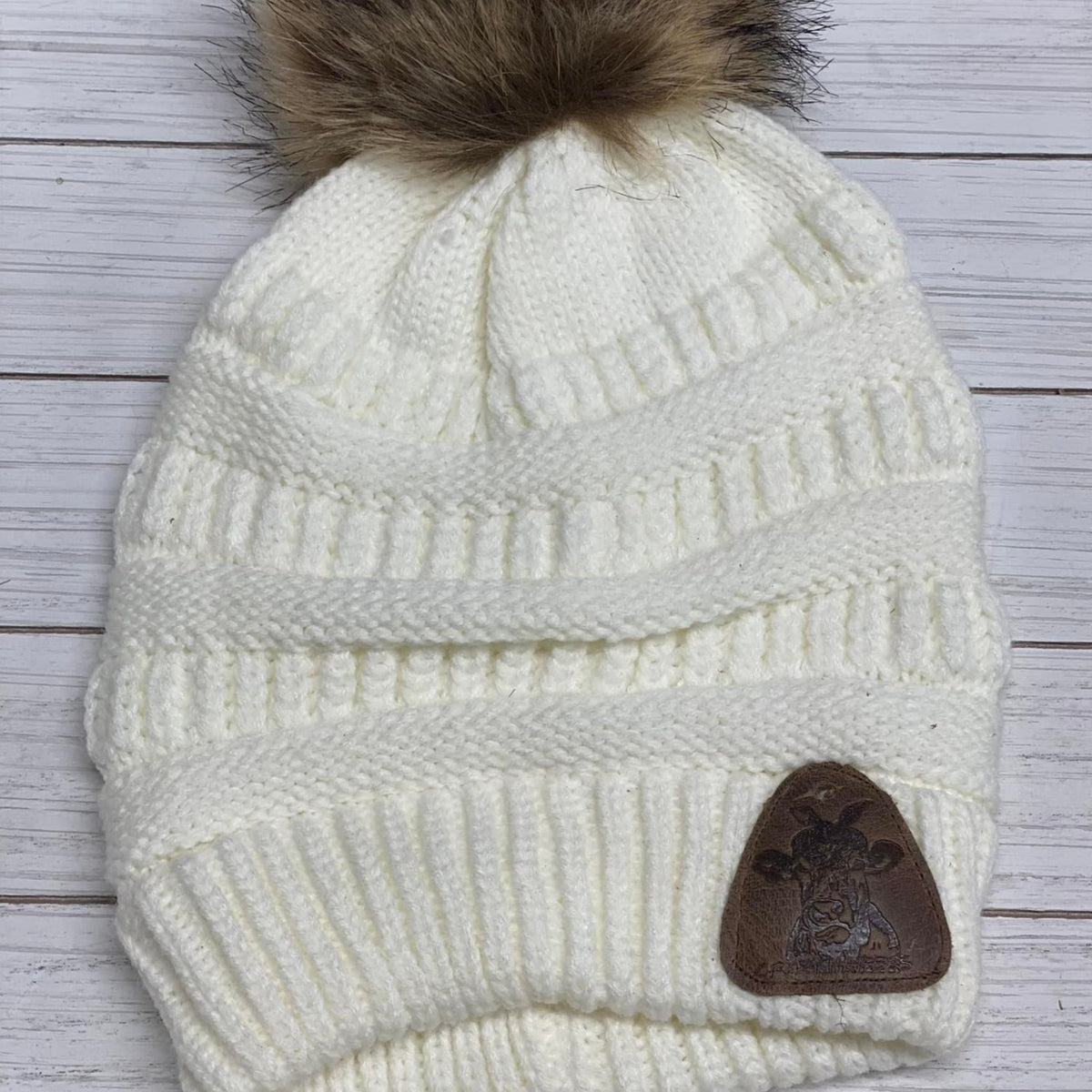 Fur Pom Beanies W/ Leather Patch