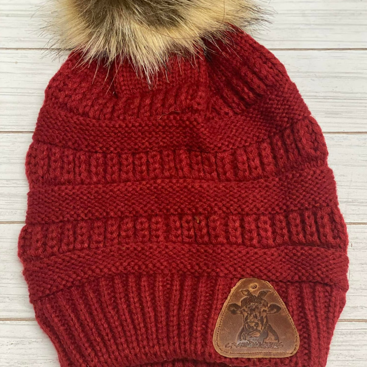 Fur Pom Beanies W/ Leather Patch