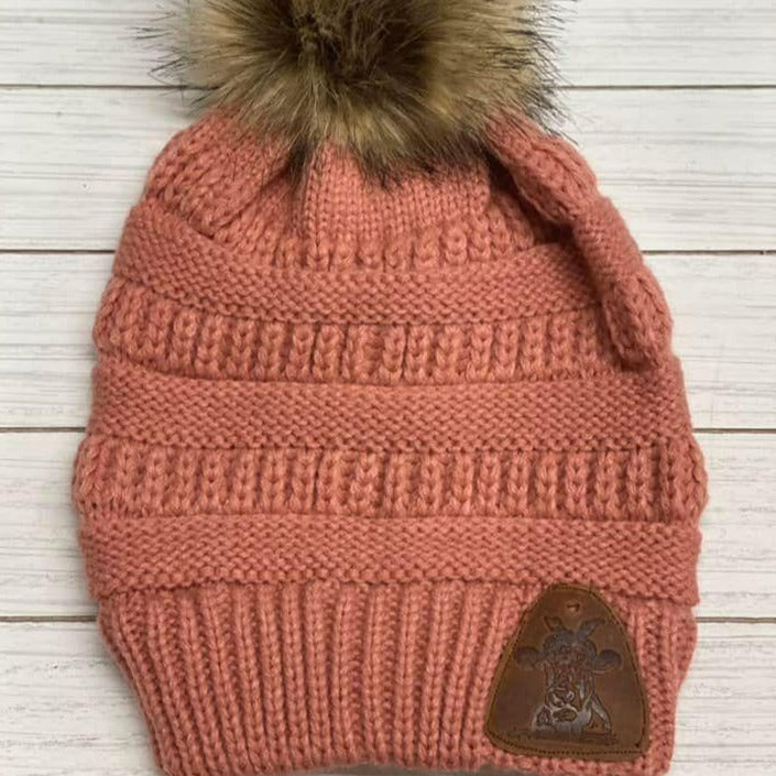 Fur Pom Beanies W/ Leather Patch
