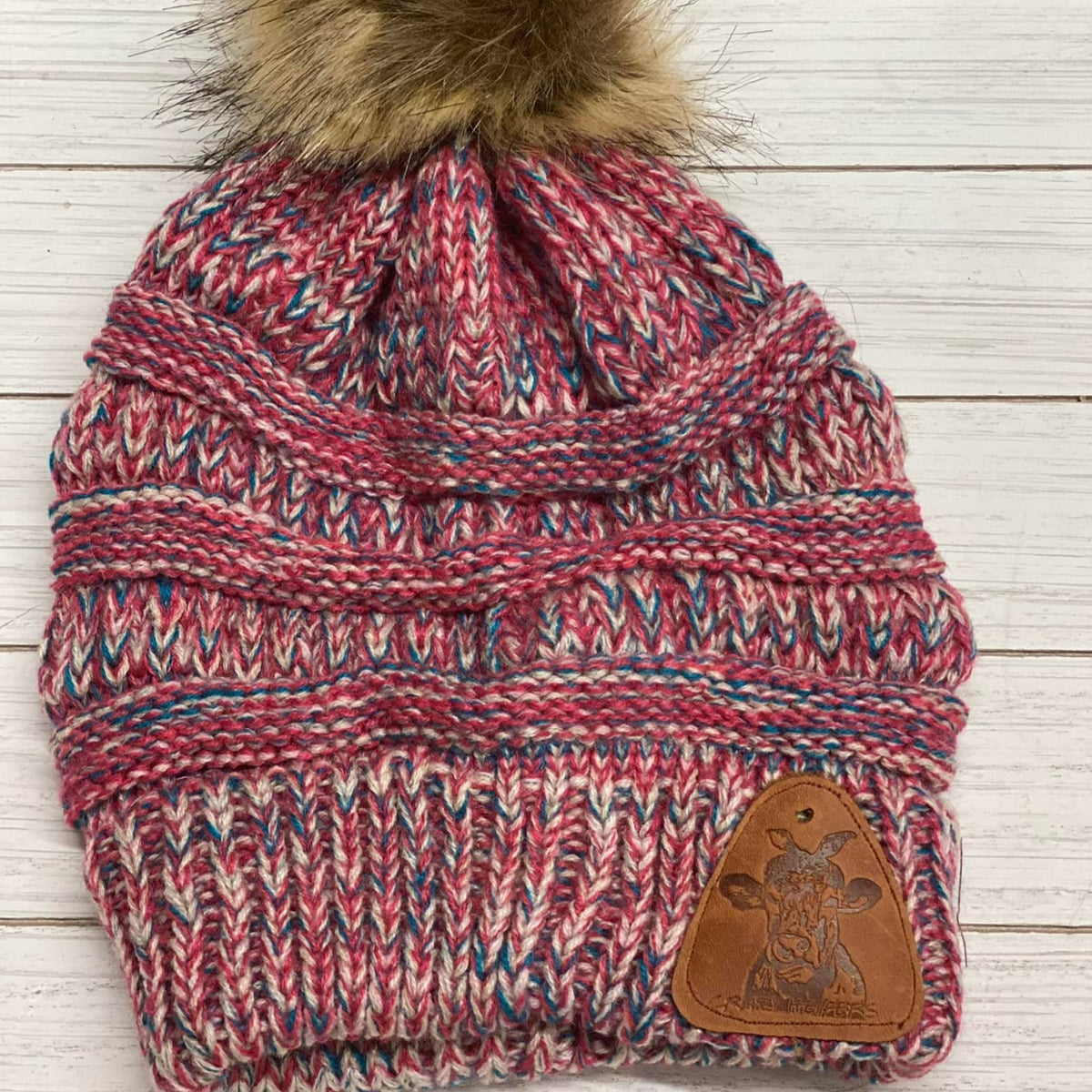 Fur Pom Beanies W/ Leather Patch