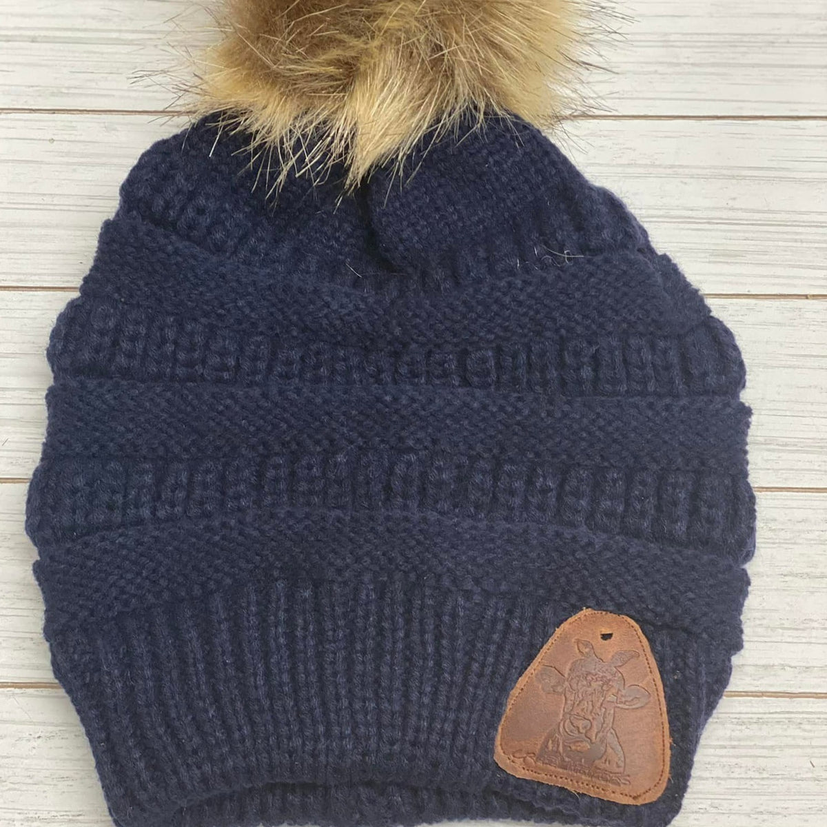 Fur Pom Beanies W/ Leather Patch