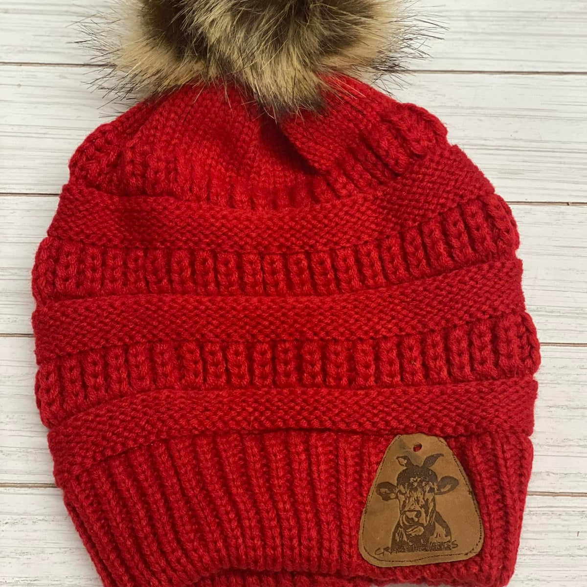 Fur Pom Beanies W/ Leather Patch