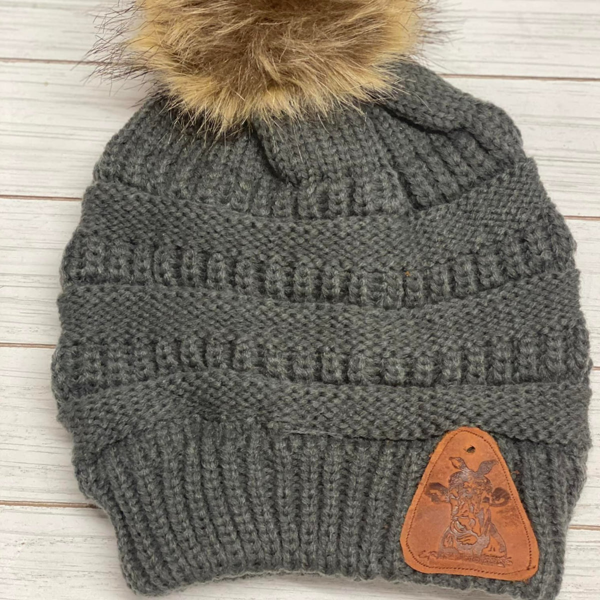 Fur Pom Beanies W/ Leather Patch