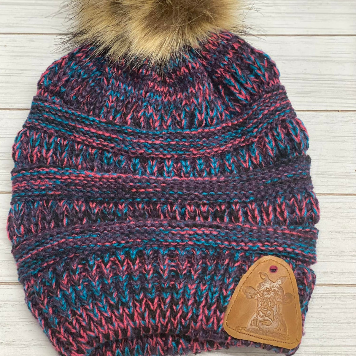 Fur Pom Beanies W/ Leather Patch