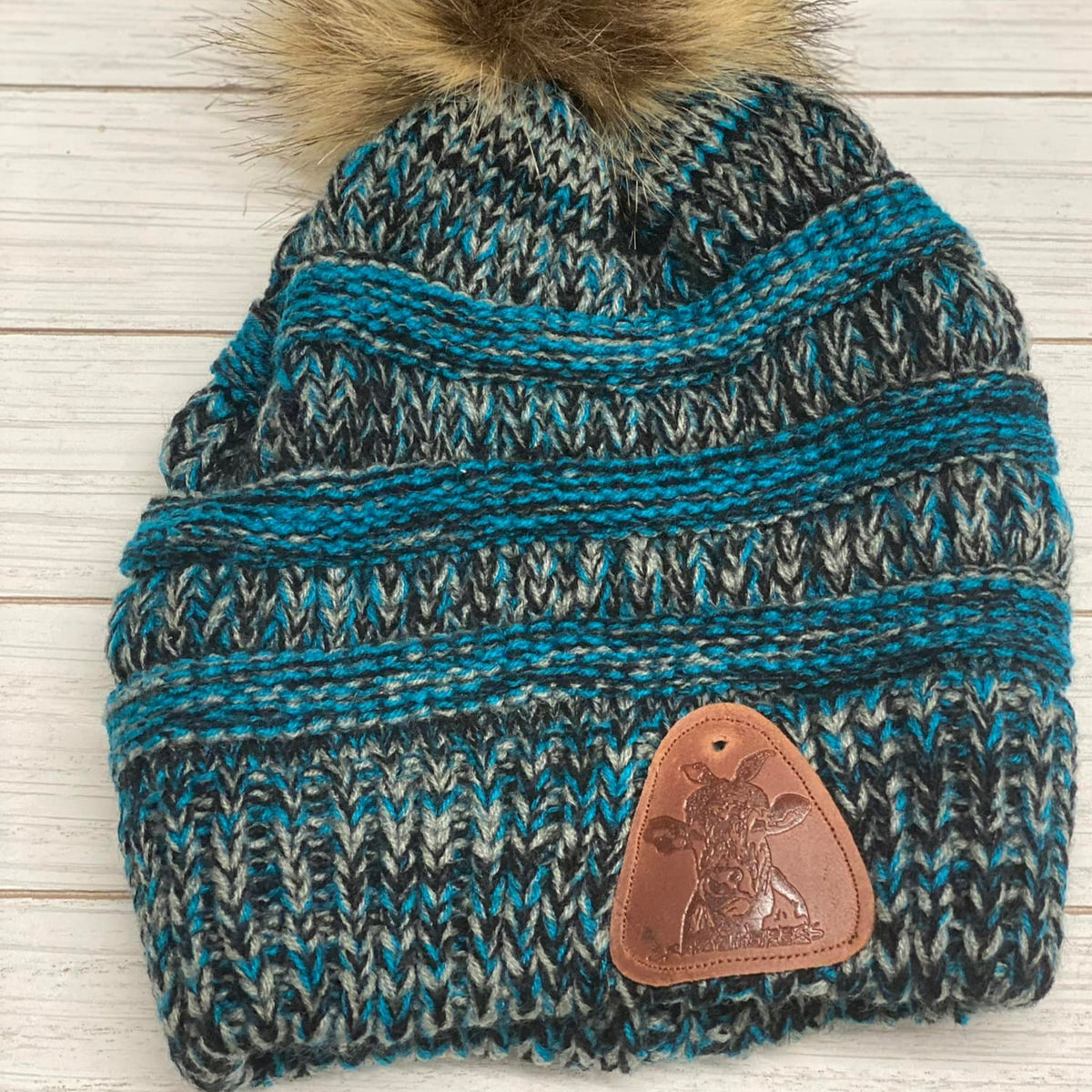Fur Pom Beanies W/ Leather Patch