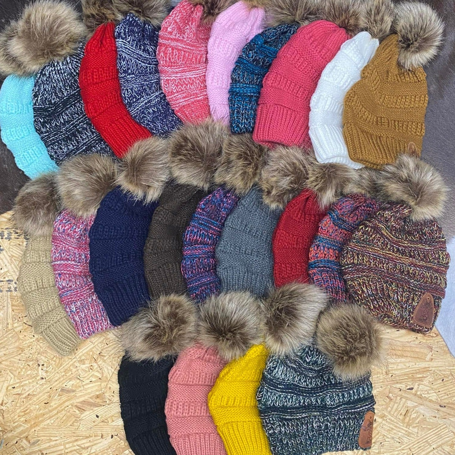 Fur Pom Beanies W/ Leather Patch