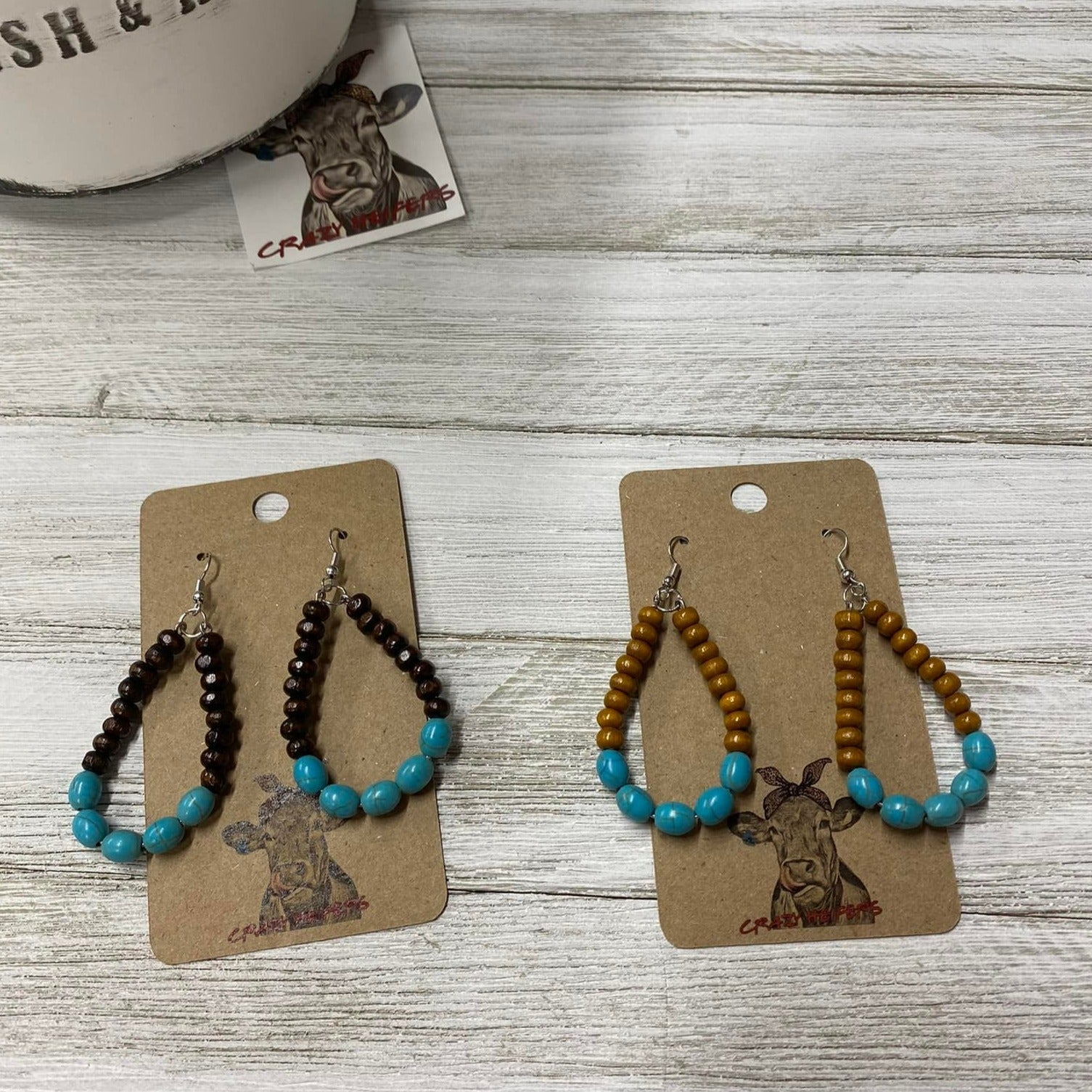 Wood Bead/ Stone Dangle Earrings