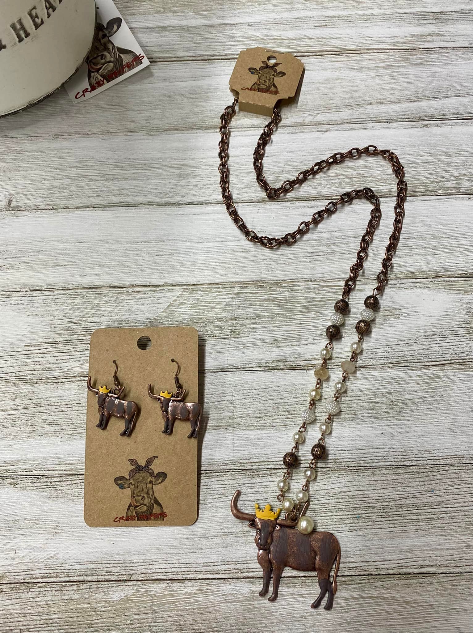 Cow W/ Crown Necklace & Earring Set