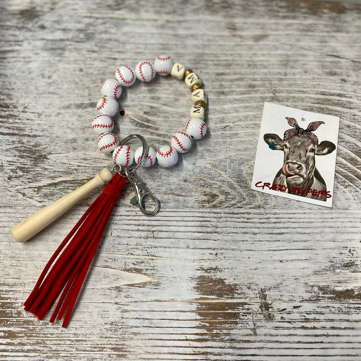Baseball Mama Wood Bangle Keychain