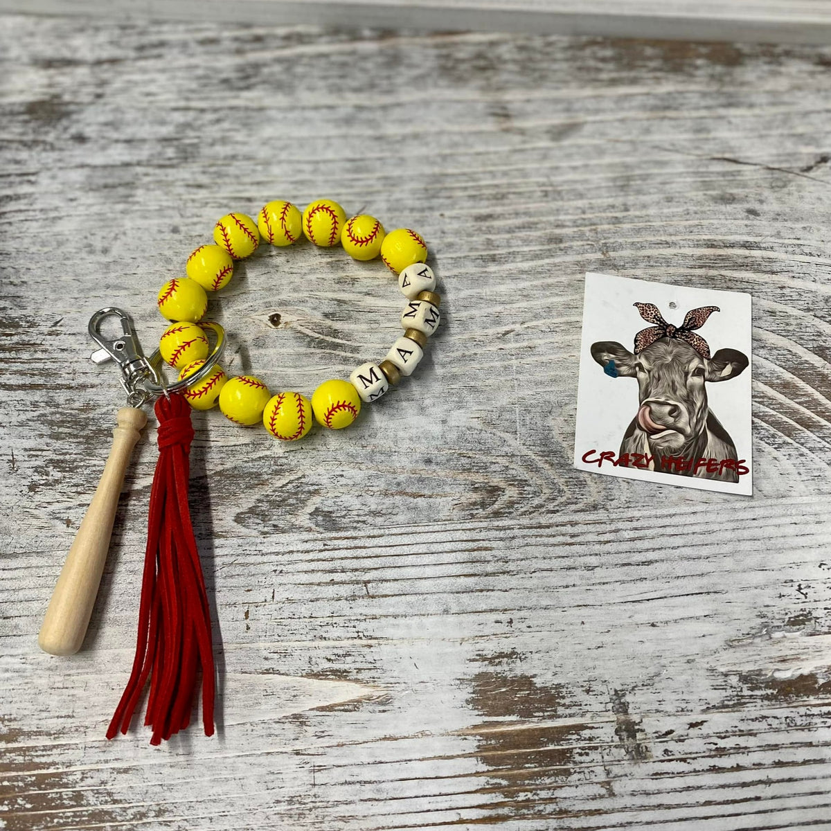 Baseball Mama Wood Bangle Keychain