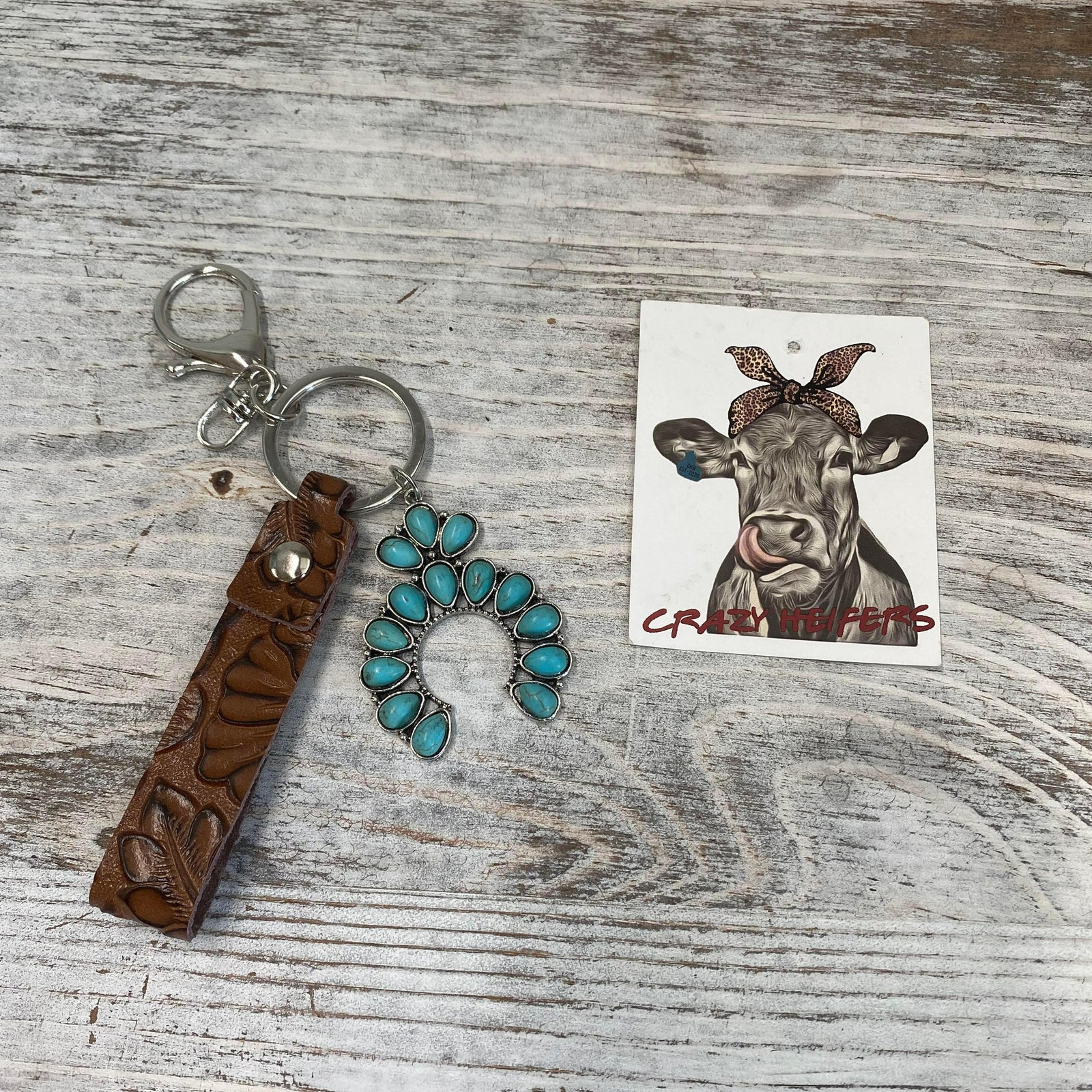 Tooled Leather Keychain-Squash Blossom