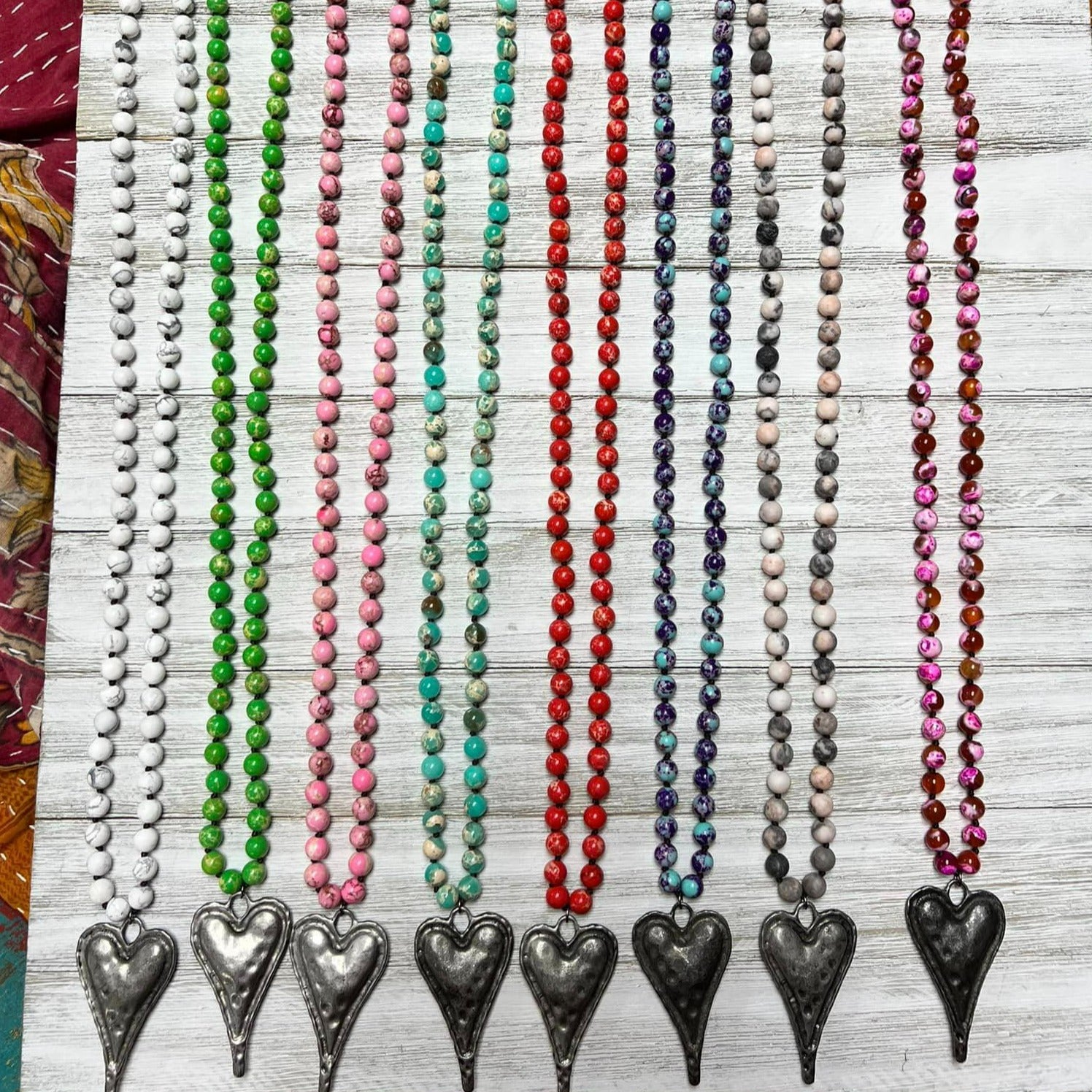 Heart Pendant Natural Stone Beaded Necklace-NEW COLORS