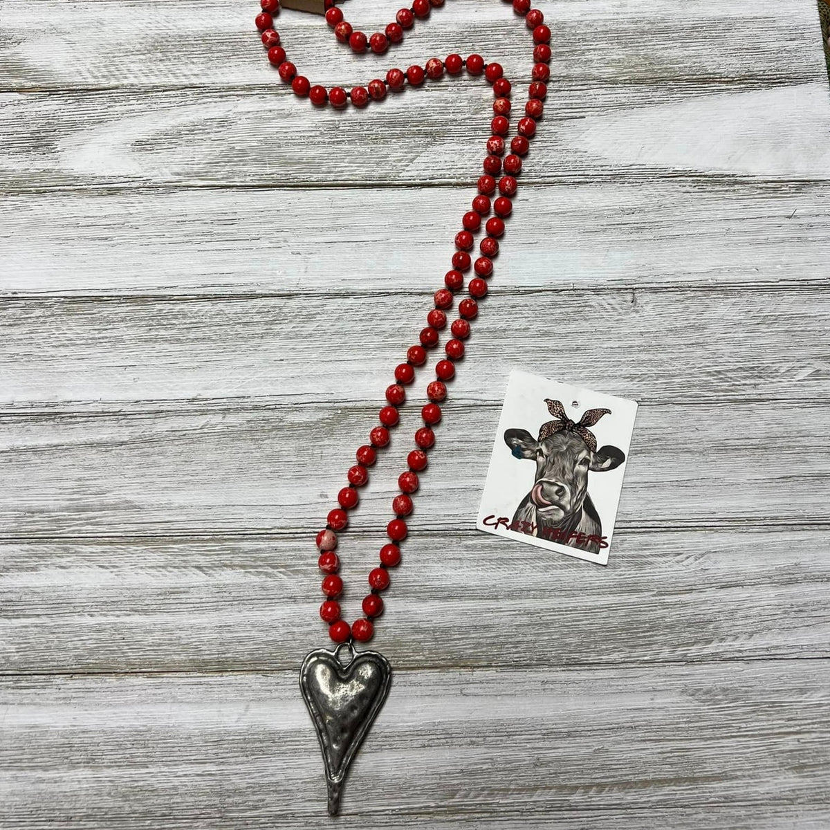 Heart Pendant Natural Stone Beaded Necklace-NEW COLORS