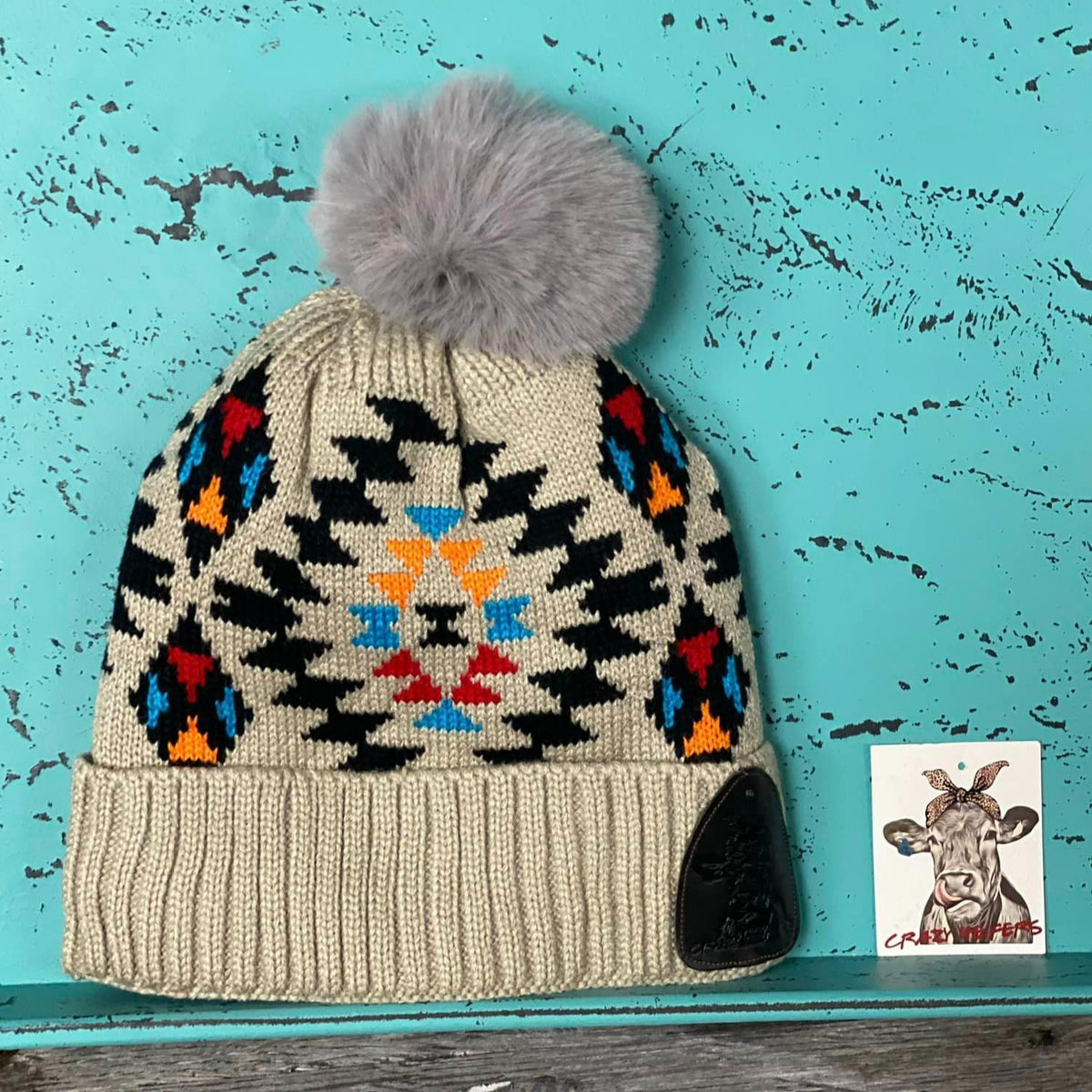Aztec Pom Beanies W/ Leather Patch