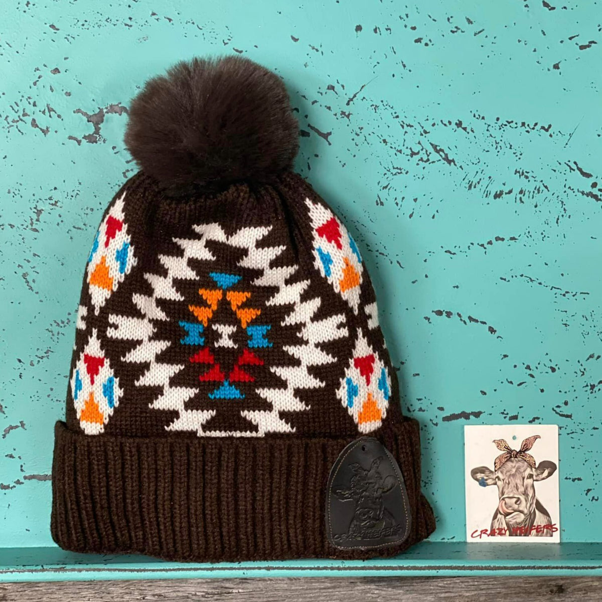 Aztec Pom Beanies W/ Leather Patch