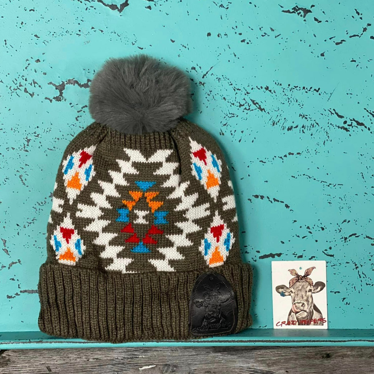 Aztec Pom Beanies W/ Leather Patch