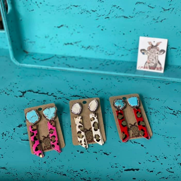 Cowhide and Stone Earrings