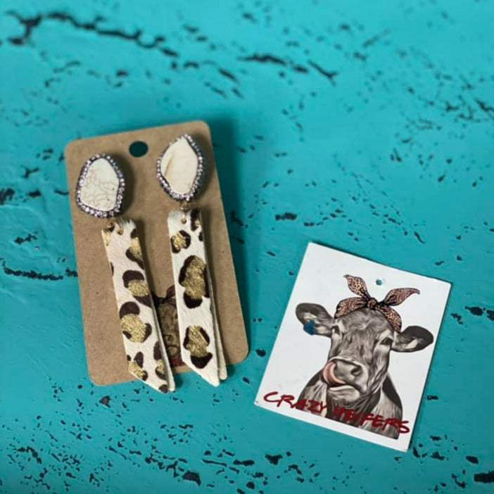 Cowhide and Stone Earrings