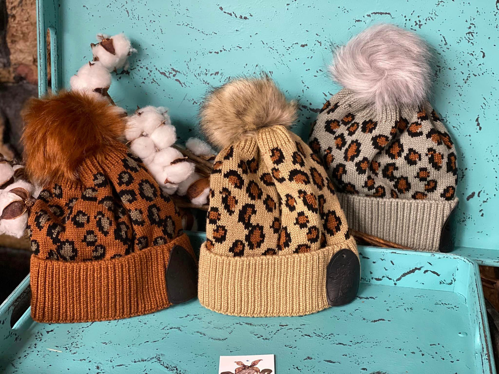 Leopard Pom Beanies W/ Leather Patch