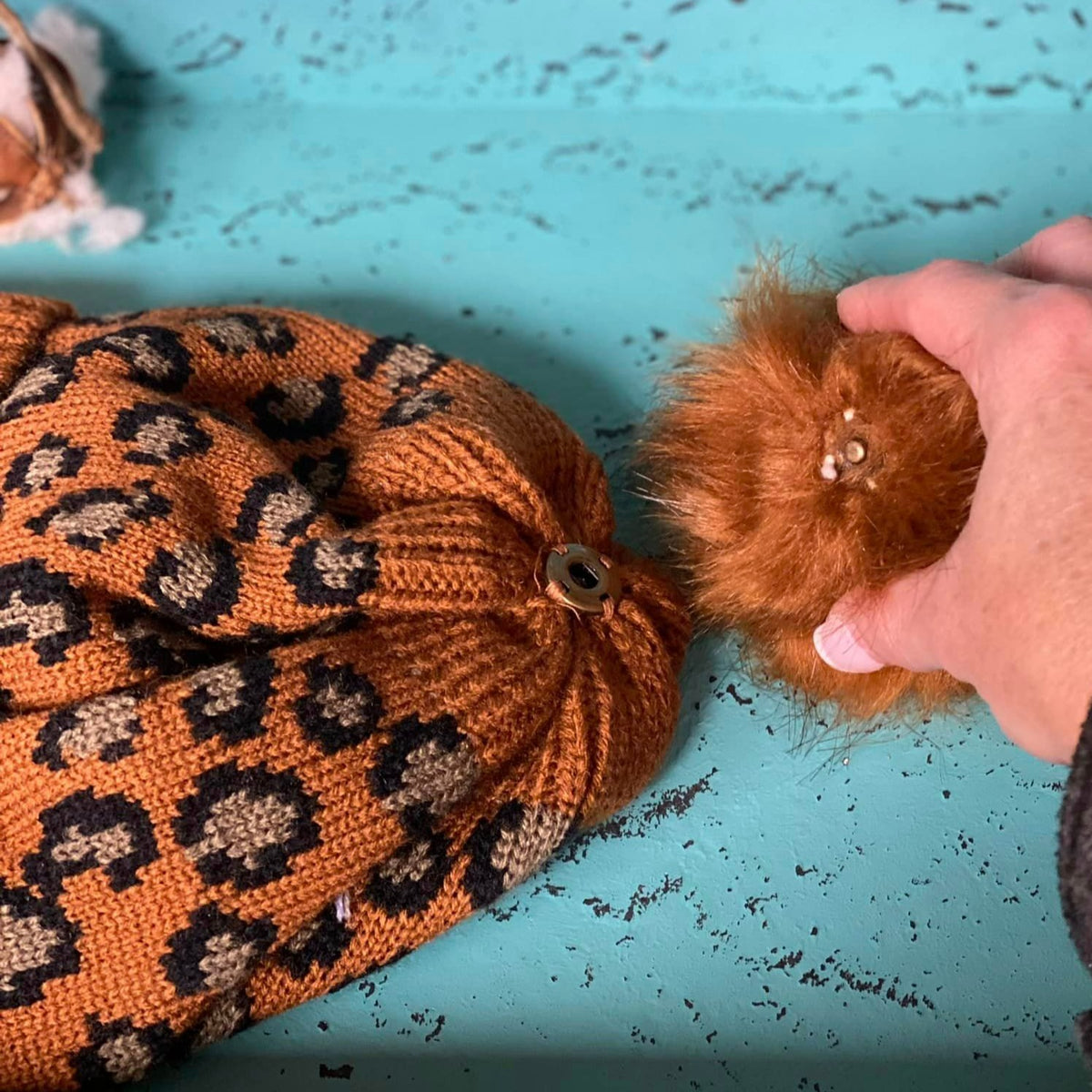 Leopard Pom Beanies W/ Leather Patch