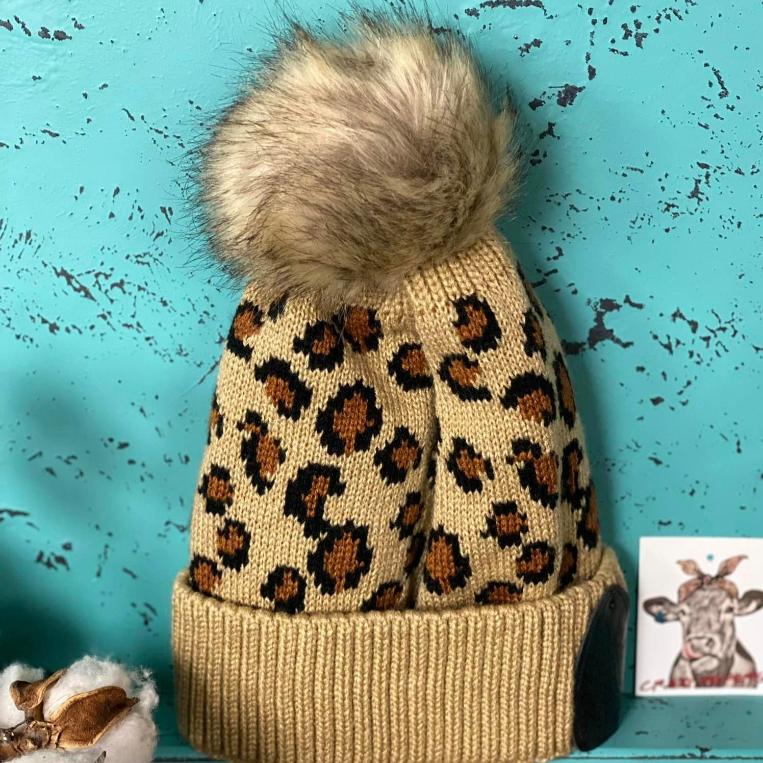 Leopard Pom Beanies W/ Leather Patch