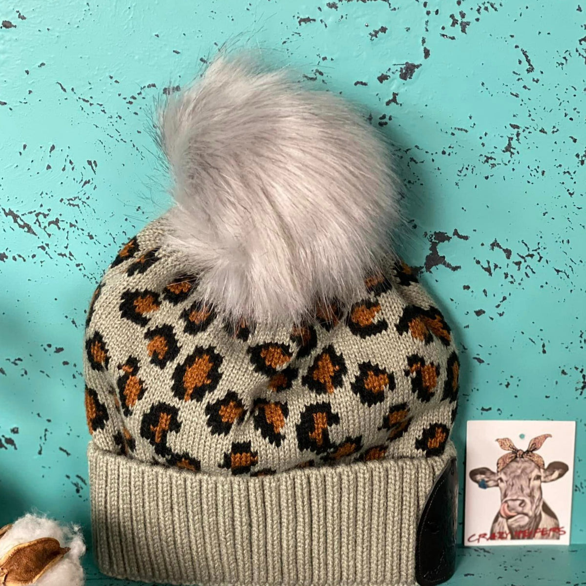 Leopard Pom Beanies W/ Leather Patch