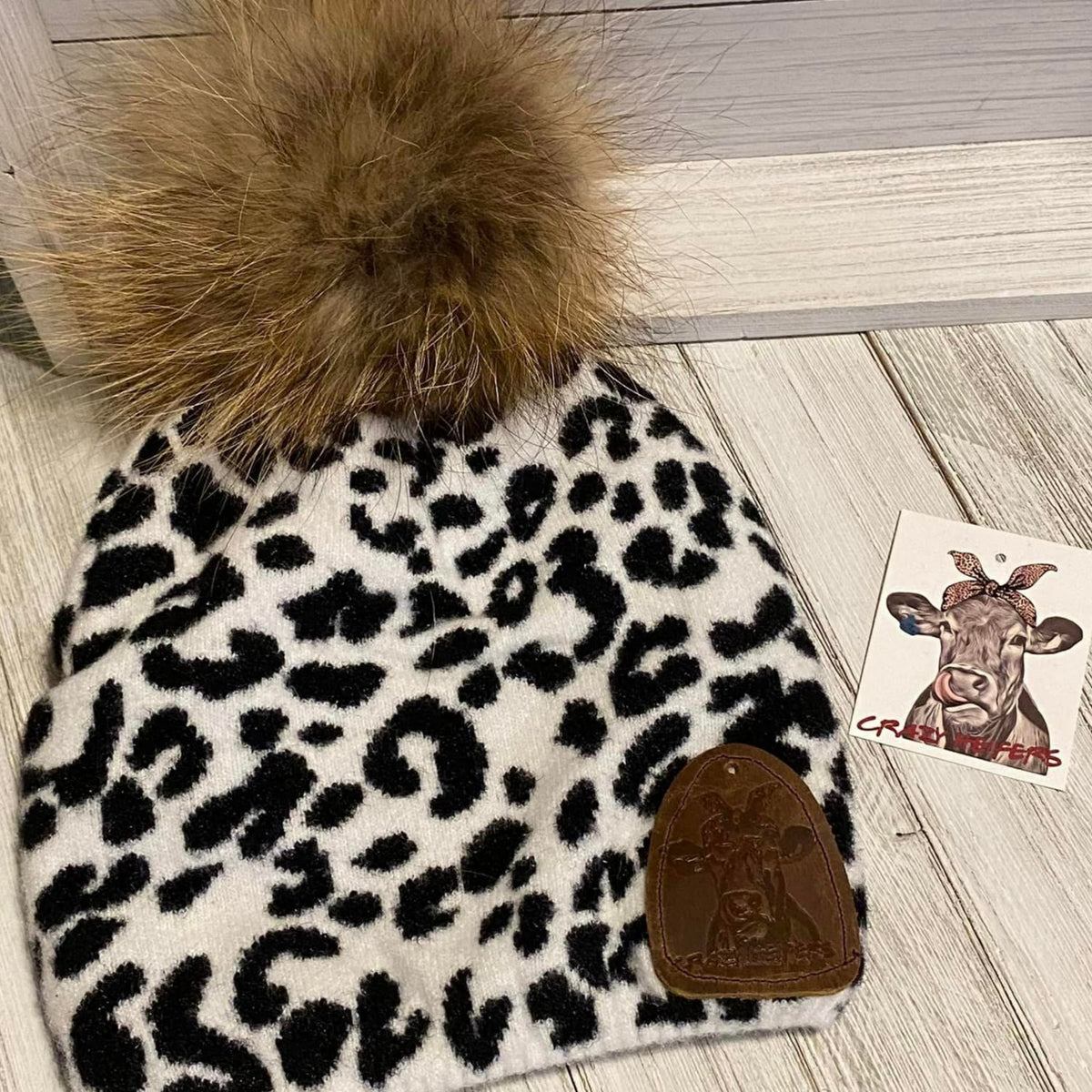 Leopard Fur Pom Beanies W/ Leather Patch