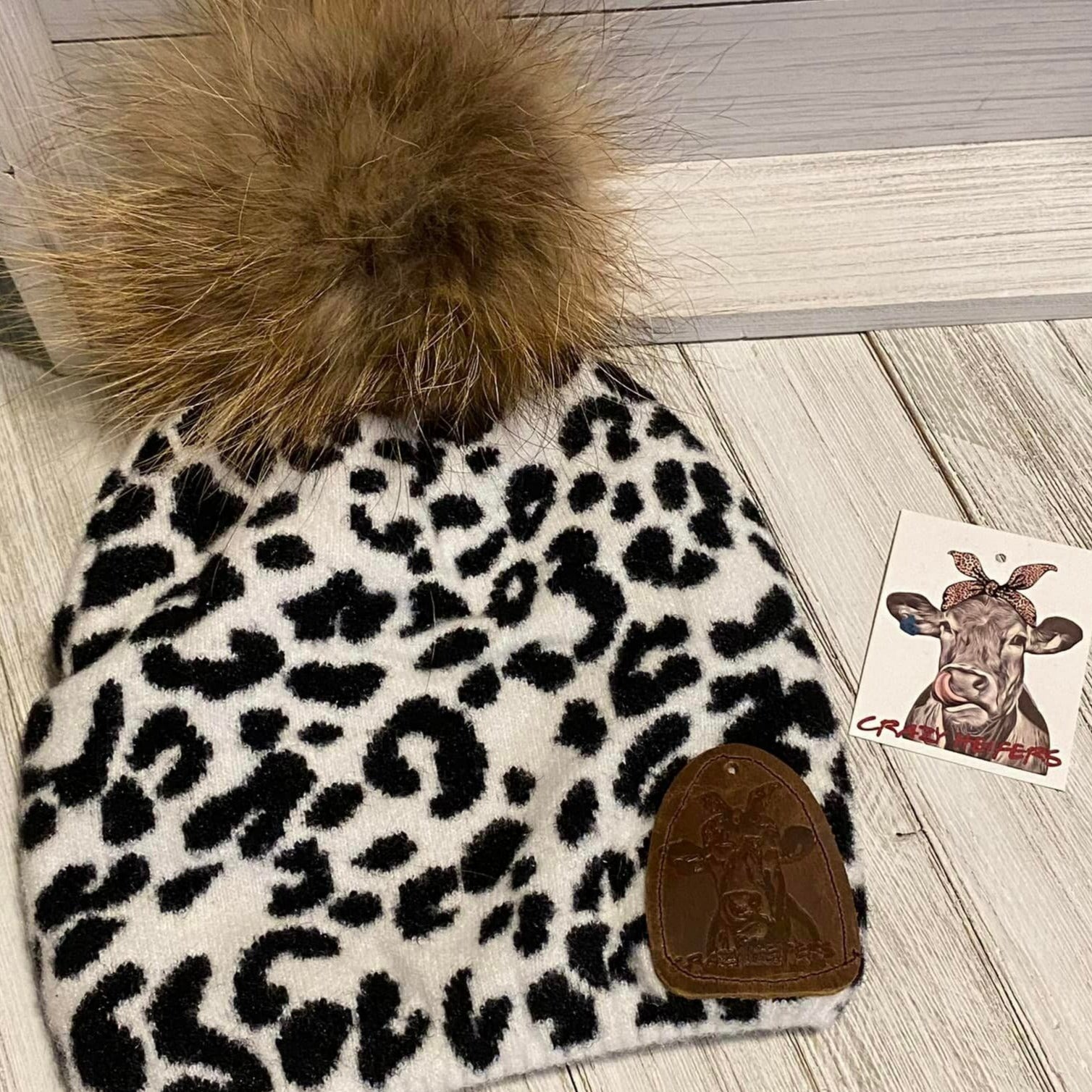 Leopard Fur Pom Beanies W/ Leather Patch