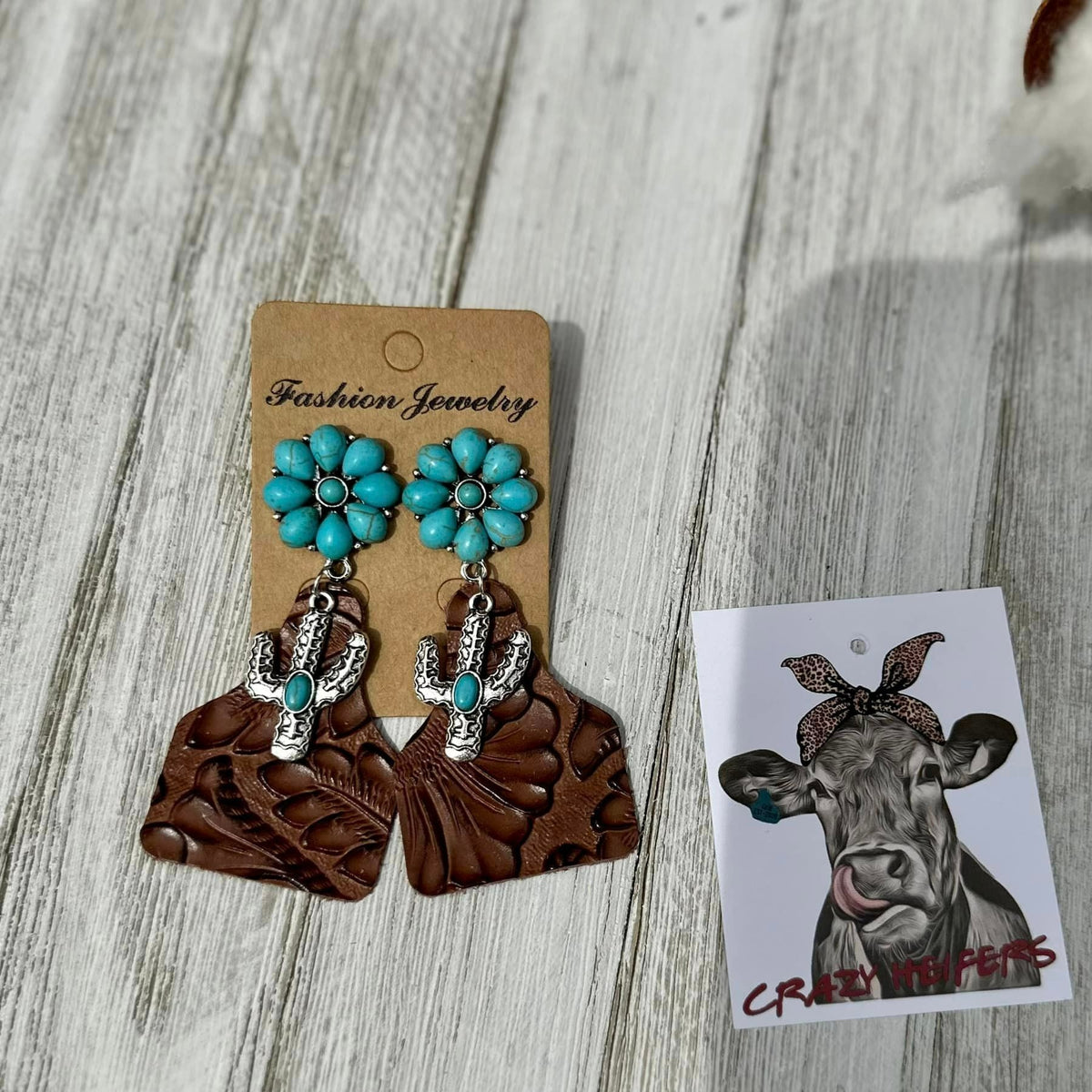 Cow Tag Earrings W/ Cactus Charms