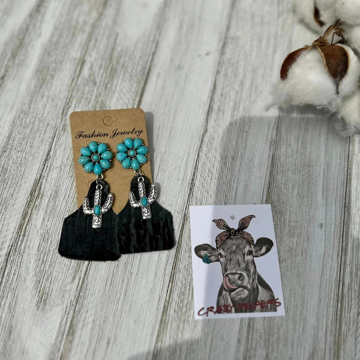 Cow Tag Earrings W/ Cactus Charms