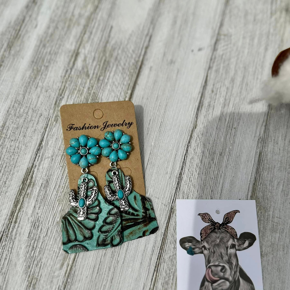 Cow Tag Earrings W/ Cactus Charms