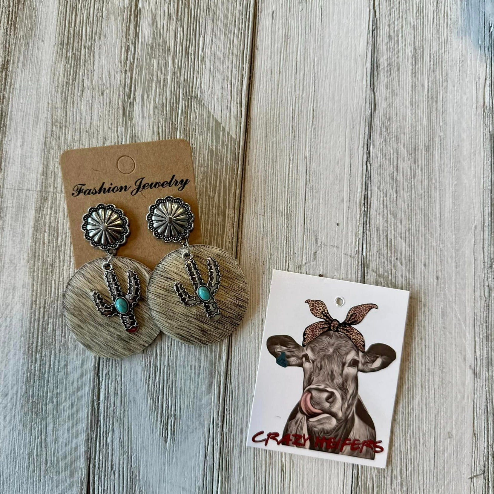 Circle Cowhide Earrings W/ Cactus Charms