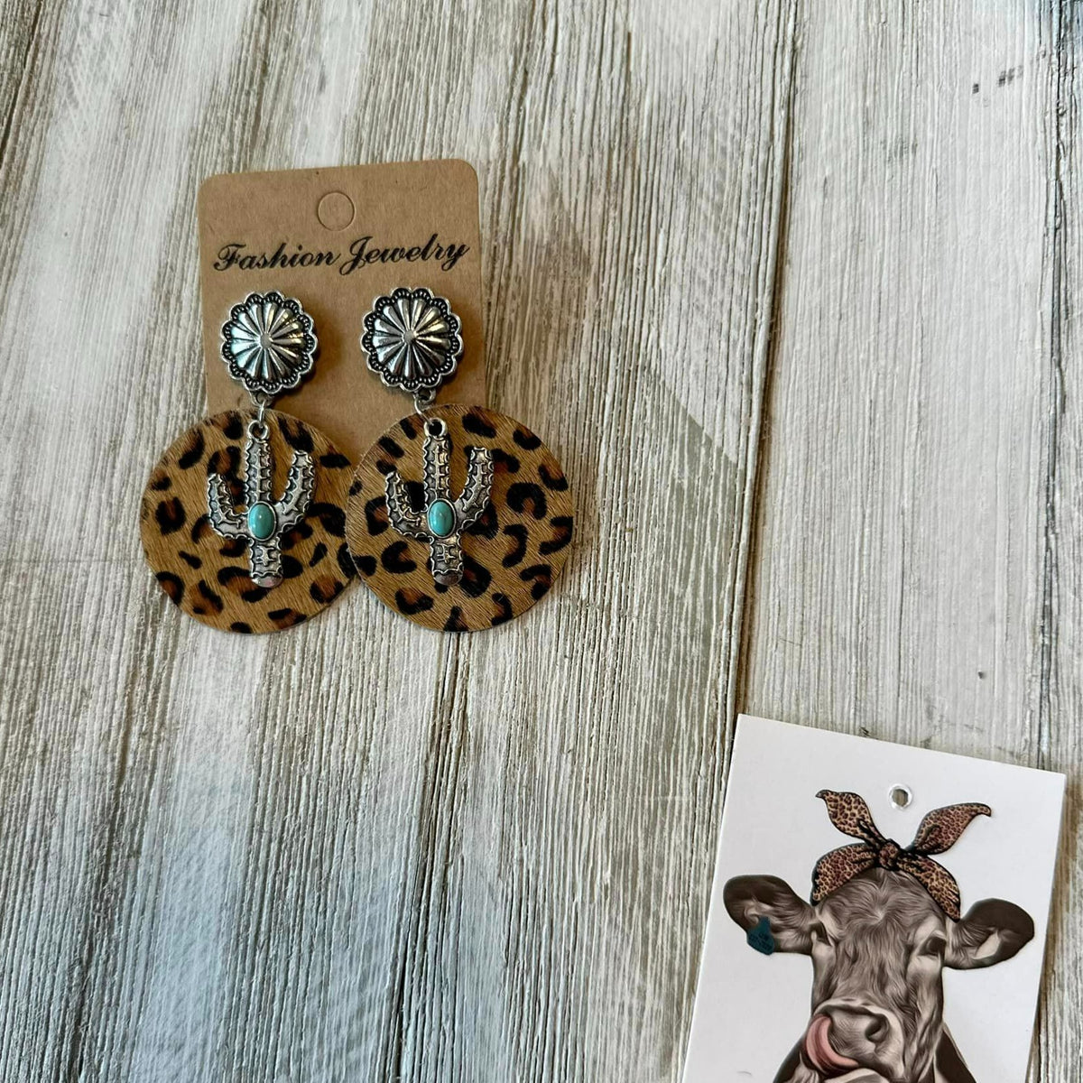 Circle Cowhide Earrings W/ Cactus Charms