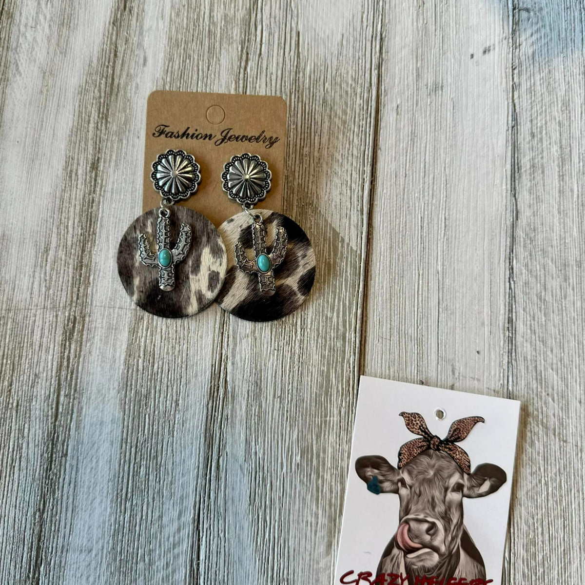 Circle Cowhide Earrings W/ Cactus Charms